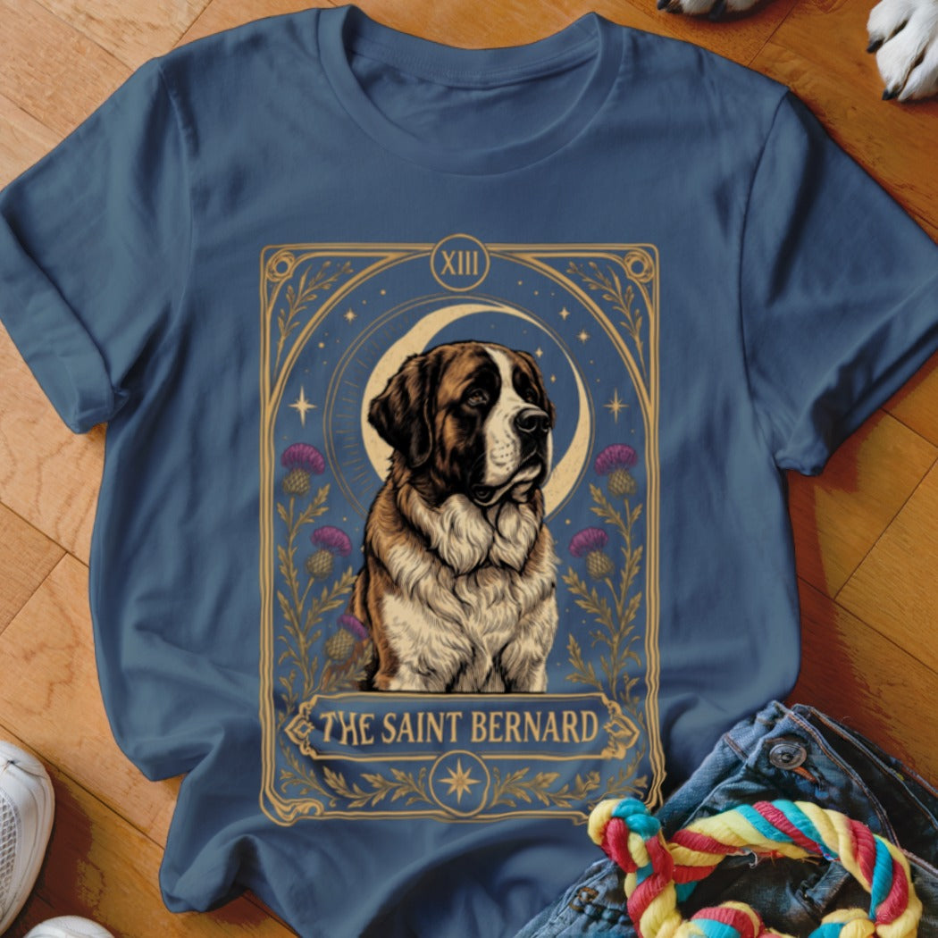 A blue t-shirt features a tarot-style graphic of a Saint Bernard dog with the text THE SAINT BERNARD.