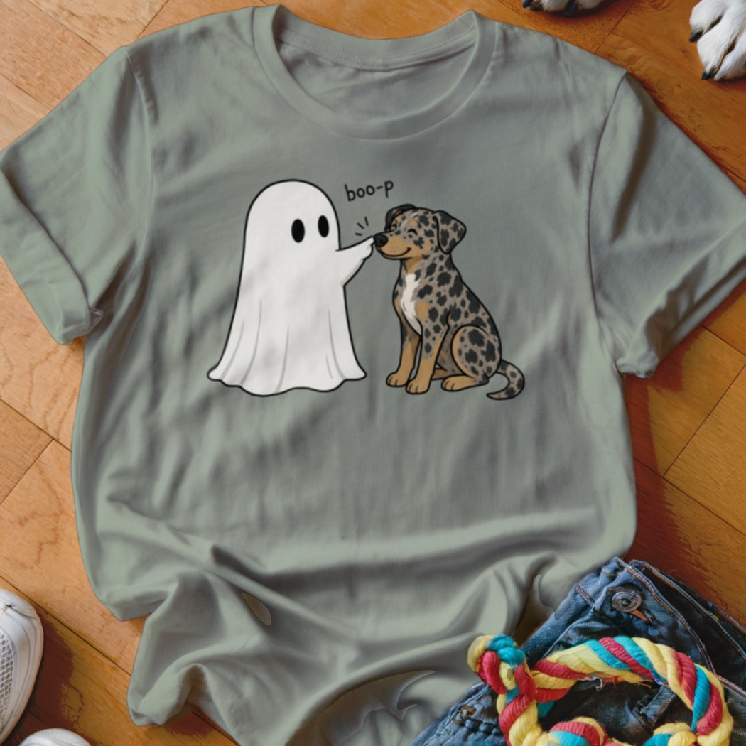 Ghost booping a speckled dog's nose with text "boo-p".