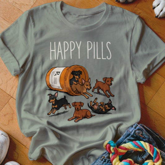 T-shirt with "Happy Pills" text and cartoon dogs spilling from a prescription bottle.