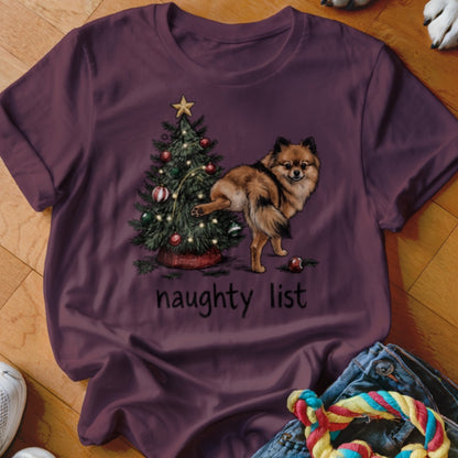 Pomeranian dog next to Christmas tree with text "naughty list".
