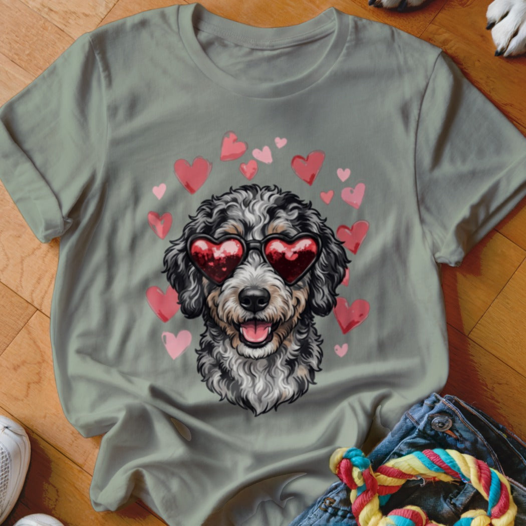 Sage green crewneck t-shirt featuring a graphic of a curly-haired dog wearing heart-shaped sunglasses surrounded by pink hearts.
