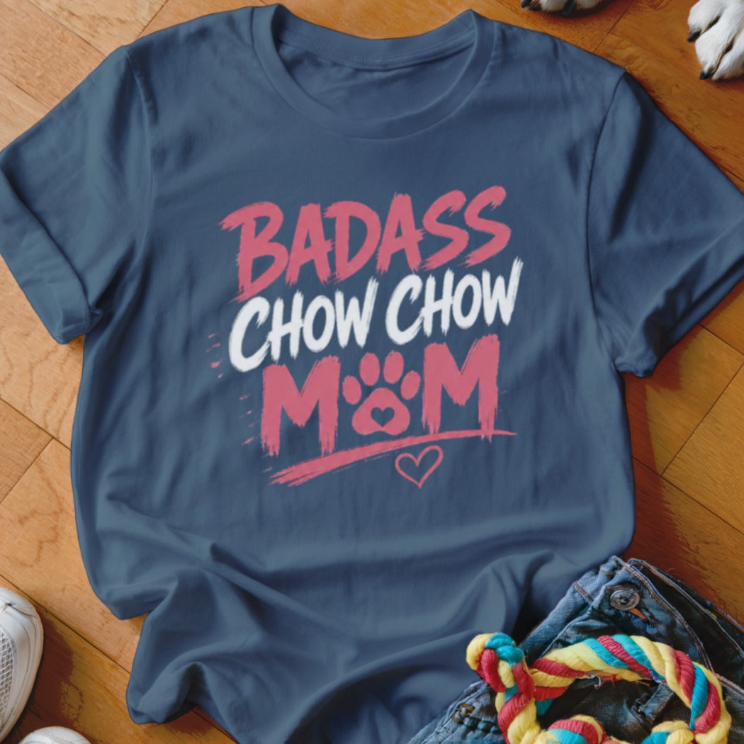 Navy t-shirt with "BADASS CHOW CHOW MOM" and paw print graphic.