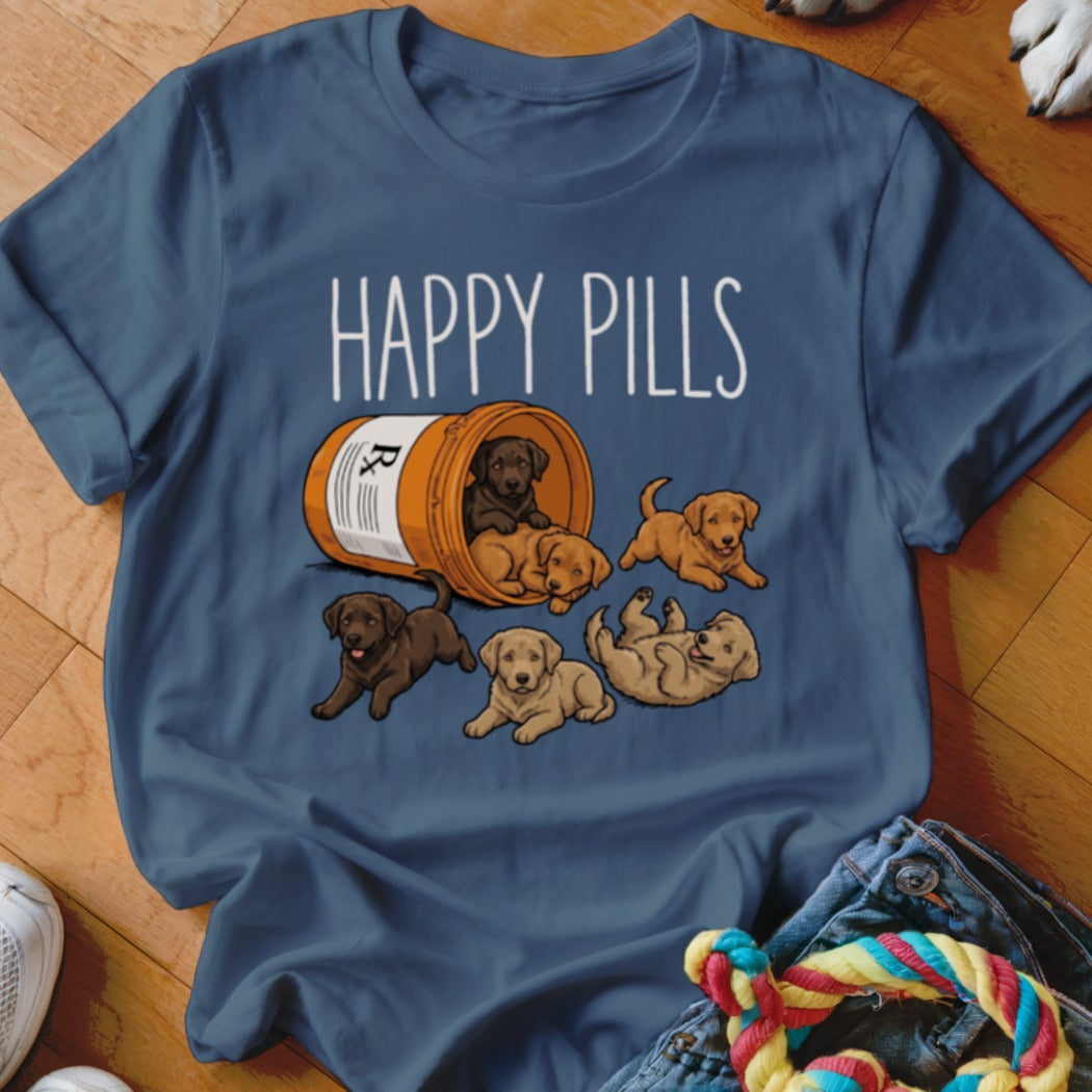 Several cute puppies spill out of a pill bottle with "HAPPY PILLS" text.