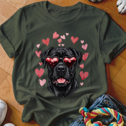 Dark green t-shirt featuring a graphic of a black dog wearing red heart-shaped sunglasses surrounded by pink hearts.