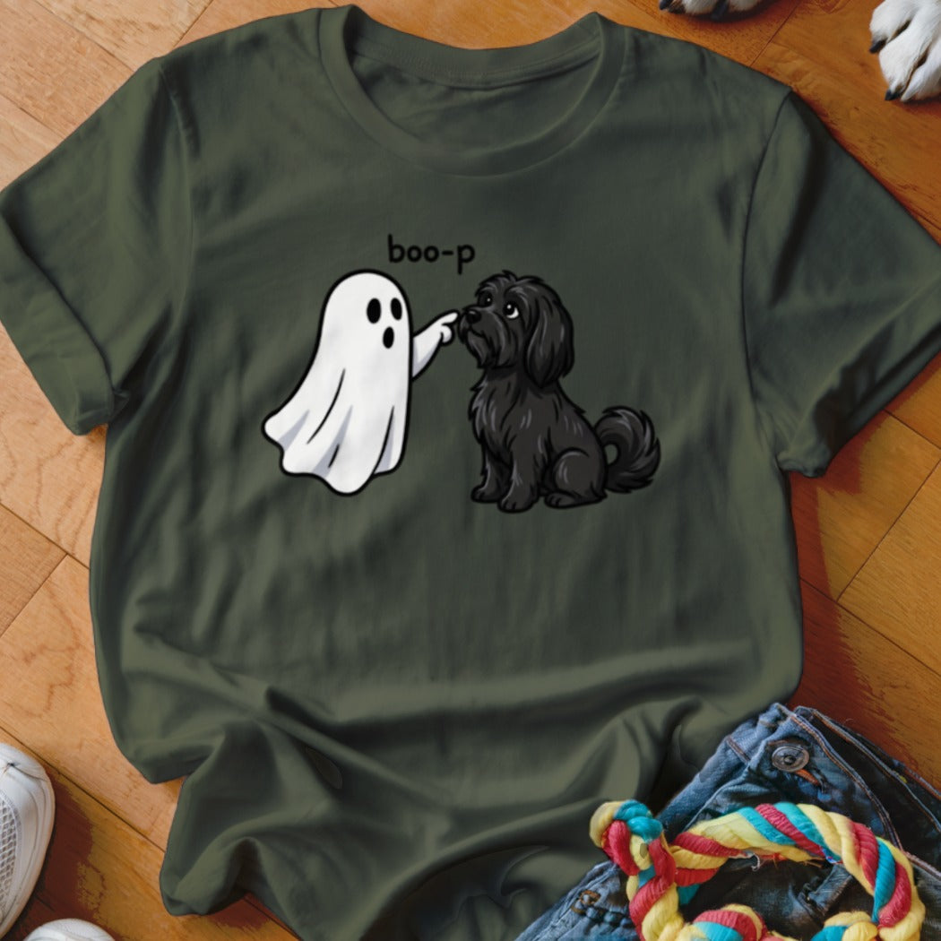 Ghost booping a black dog's nose with "boo-p" text.