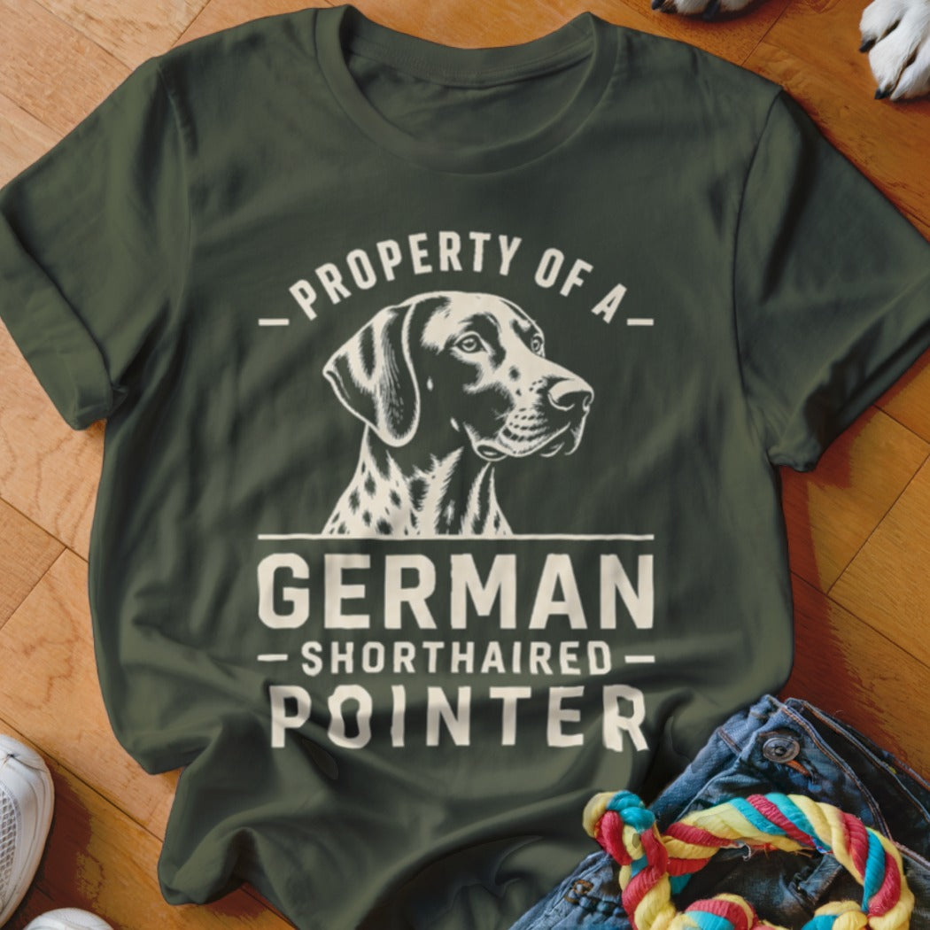 German Shorthaired Pointer graphic on a dark green t-shirt with white text.