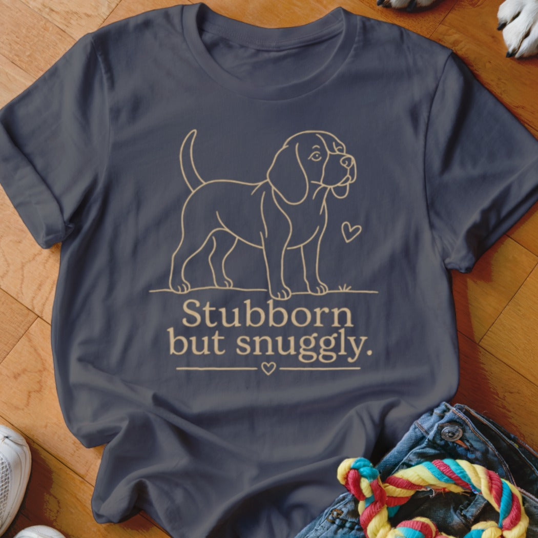Navy t-shirt with beagle outline and text "Stubborn but snuggily."