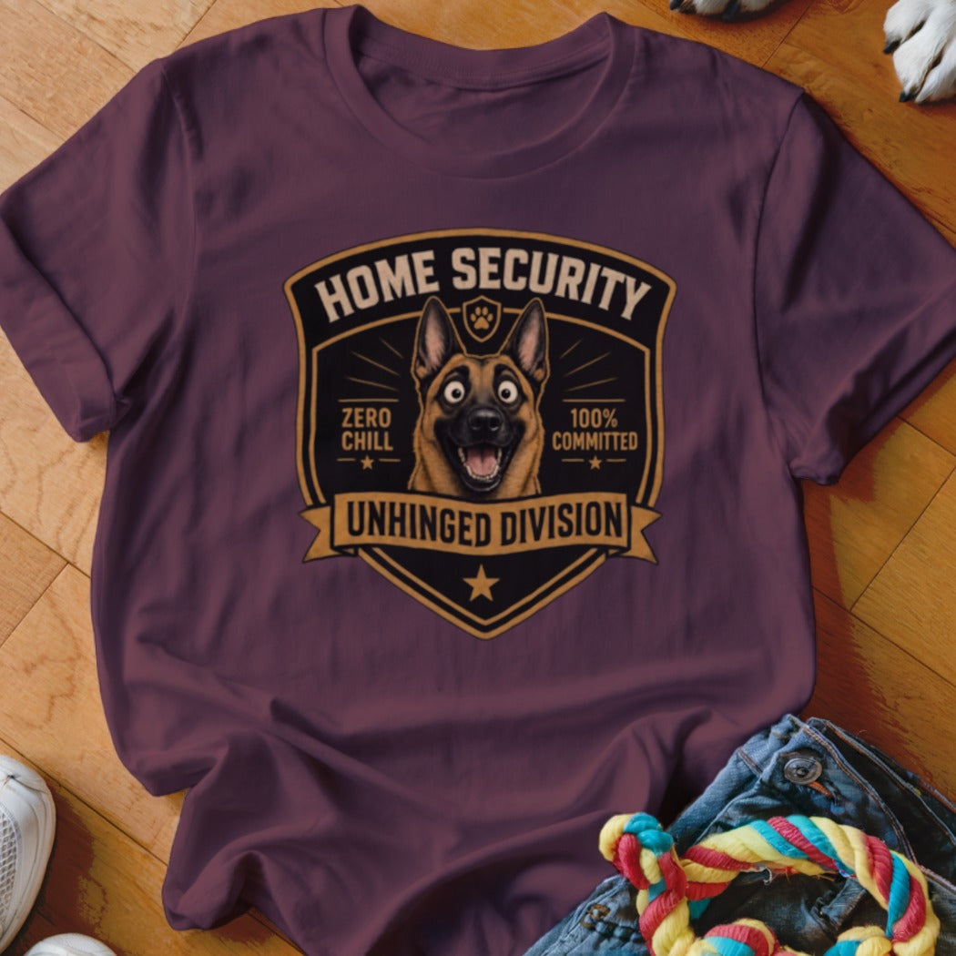 T-shirt graphic of a German Shepherd with "Home Security Unhinged Division" text.