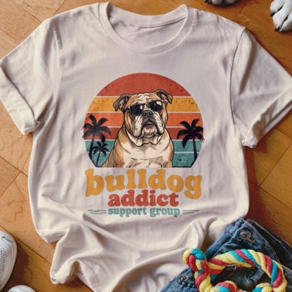 A cream-colored t-shirt with a graphic of a bulldog wearing sunglasses in front of a retro sunset and palm trees, with the text "bulldog addict support group".