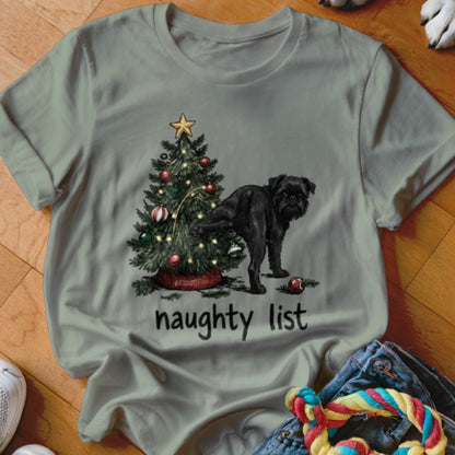 Black dog with Christmas tree and the text "naughty list".