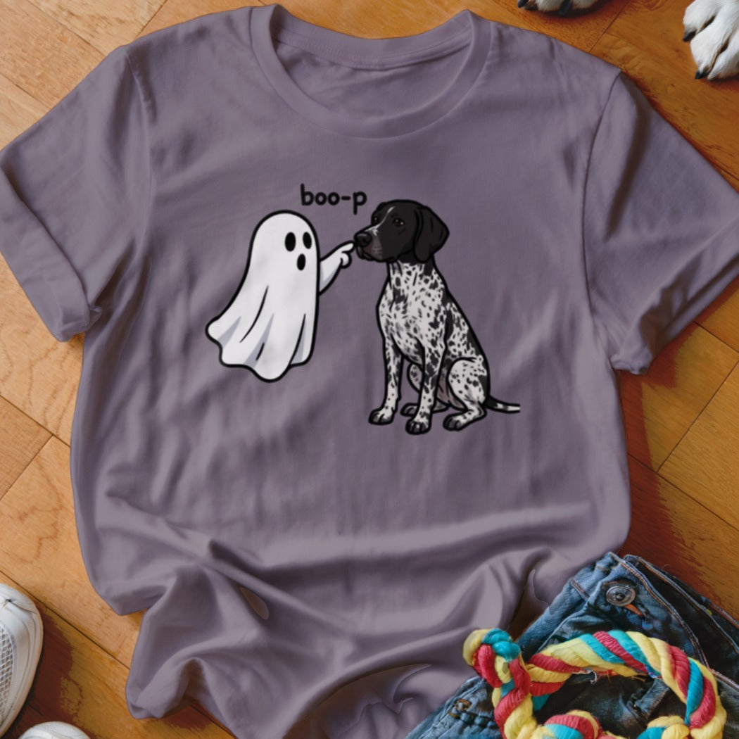 Ghost poking a black and white spotted dog with the word "boo-p".