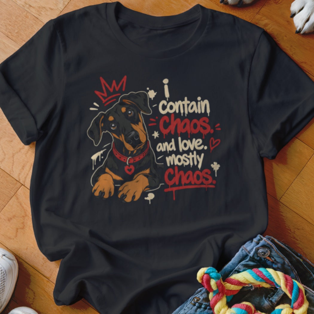 Black t-shirt with a doberman dog graphic and text reading "i contain Chaos and love. mostly Chaos."