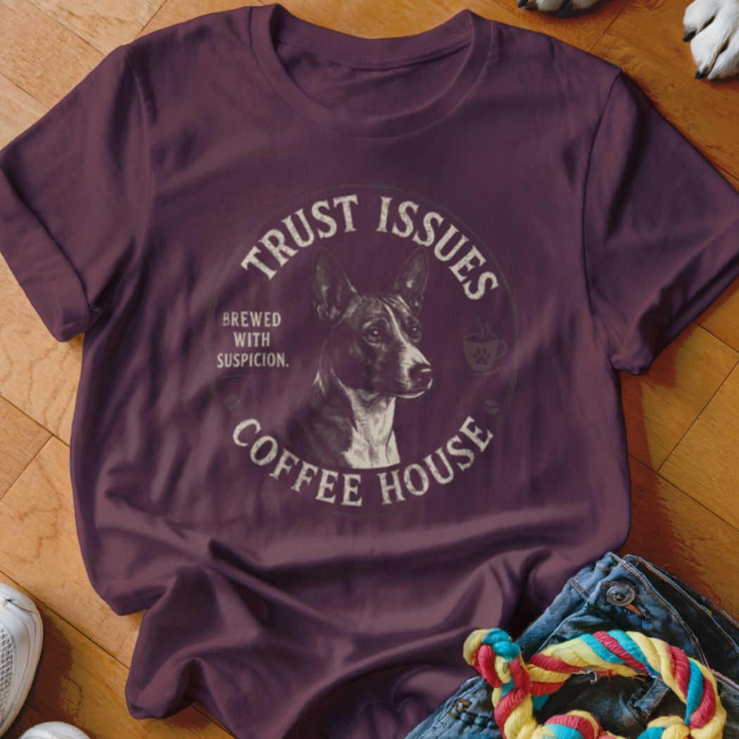 Maroon t-shirt with "Trust Issues Coffee House" text and a dog illustration.