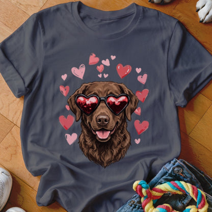 Dark grey t-shirt featuring a graphic of a brown dog wearing heart-shaped sunglasses surrounded by pink hearts.