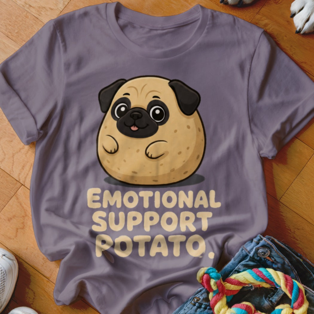 Pug character on t-shirt with text "Emotional Support Potato"