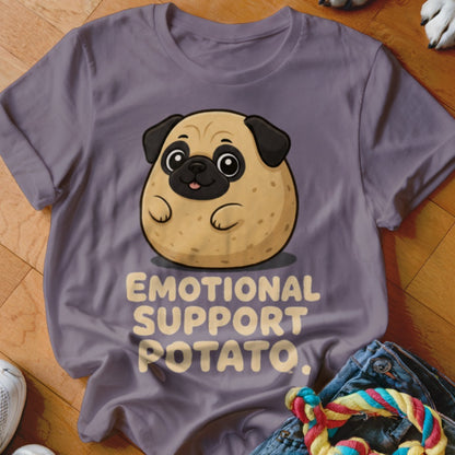 Pug character on t-shirt with text "Emotional Support Potato"