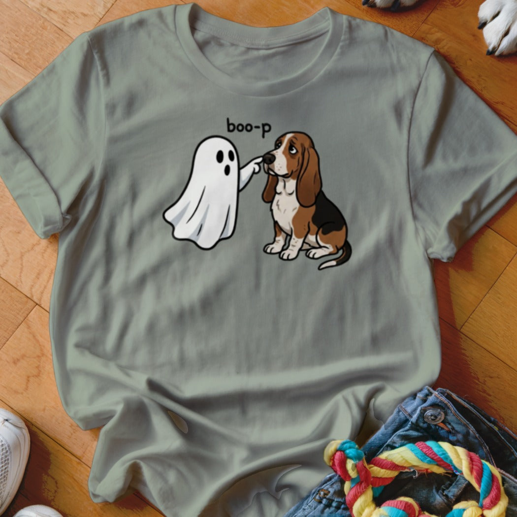 Ghost booping a Basset Hound dog with the word "boo-p" above.