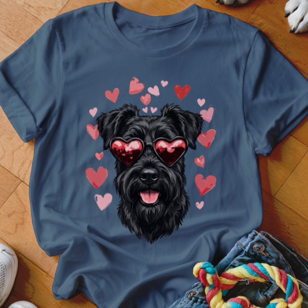 Dark blue t-shirt featuring a graphic of a black dog wearing heart-shaped sunglasses surrounded by pink hearts.