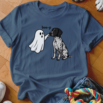 Ghost booping German Shorthaired Pointer dog with "boo-p" text on blue t-shirt.