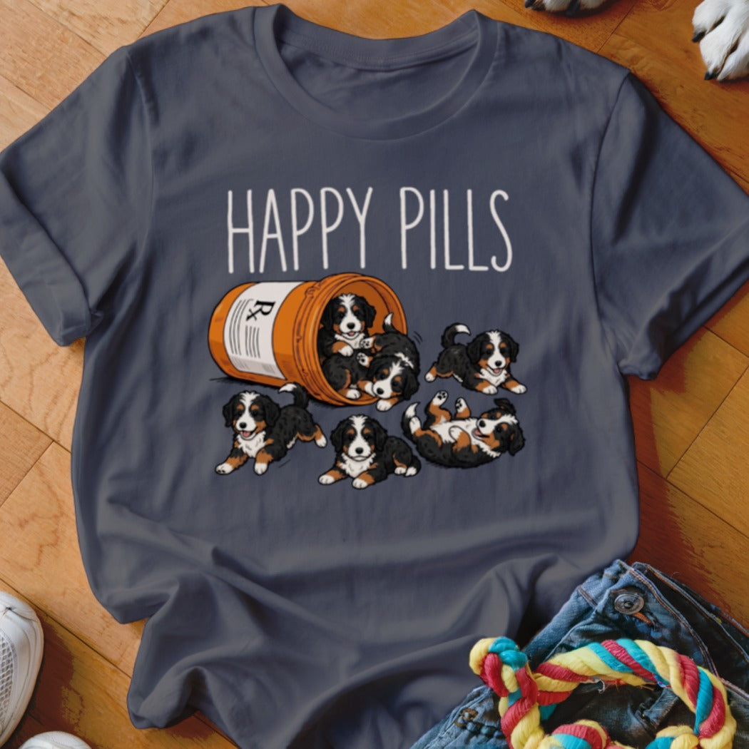 Bernese Mountain Dog puppies spilling from a prescription bottle with "HAPPY PILLS" text.