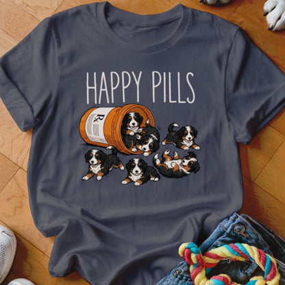 Bernese Mountain Dog puppies spilling from a prescription bottle with "HAPPY PILLS" text.