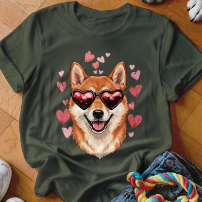 Dark green t-shirt featuring a Shiba Inu wearing heart-shaped sunglasses surrounded by pink hearts.