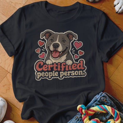 Dark t-shirt with a cartoon pit bull and "Certified people person" text.