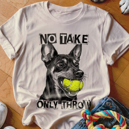 White t-shirt with a black and white dog graphic holding a tennis ball and text.