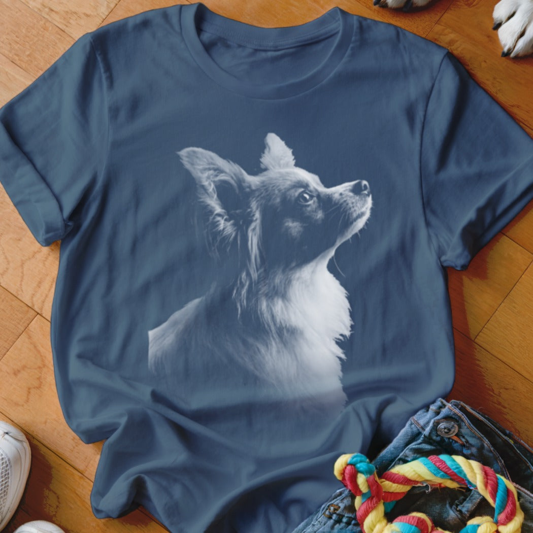 Dark blue t-shirt with a grayscale portrait of a long-haired chihuahua.