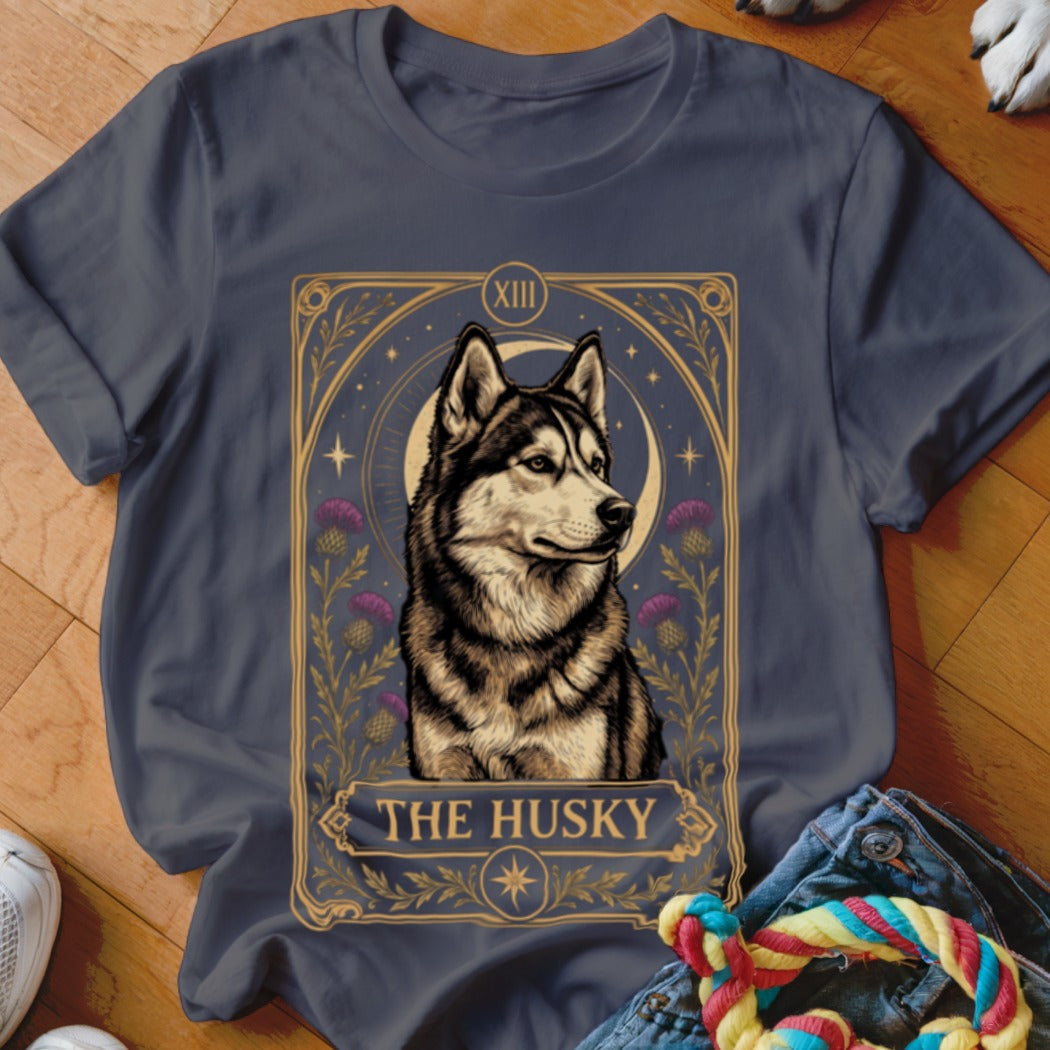 Dark gray t-shirt featuring a tarot card style graphic of a husky with flowers and the text The Husky.