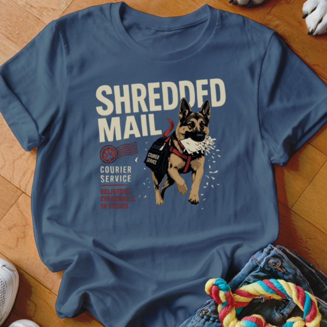German Shepherd wearing courier bag delivering mail, with "SHREDDED MAIL COURRIER SERVICE" text.