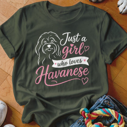 Olive green t-shirt with "Just a girl who loves Havanese" text and dog graphic.