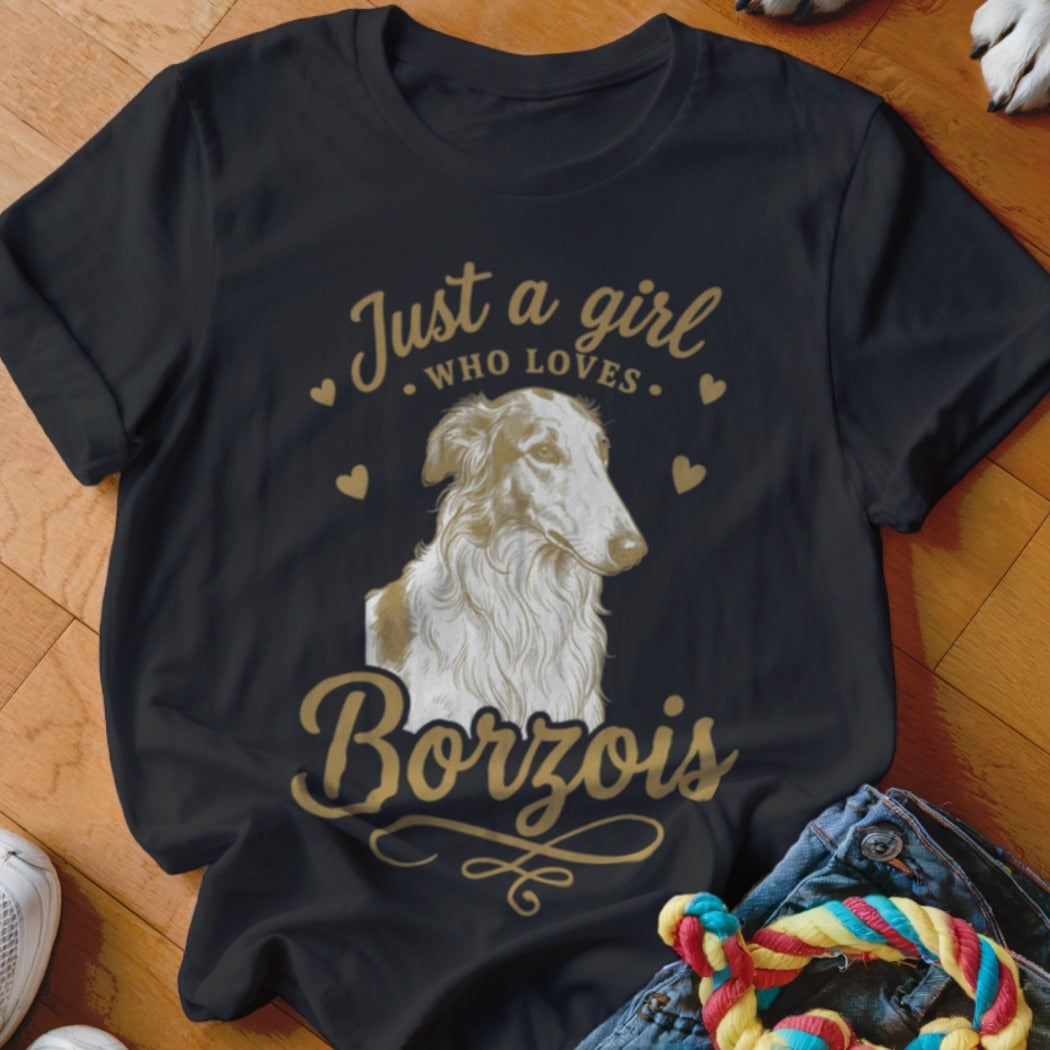 Black t-shirt featuring a Borzoi graphic, gold hearts, and the text Just a girl who loves Borzois.