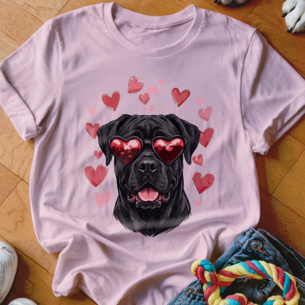 Light pink t-shirt featuring a graphic of a black dog wearing heart-shaped sunglasses surrounded by floating red hearts.