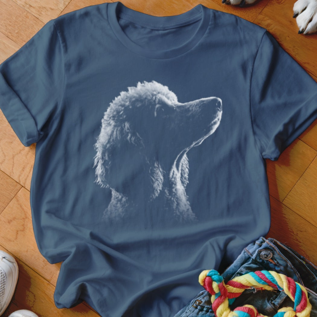 Dark blue t-shirt with a white outline graphic of a poodle's head.