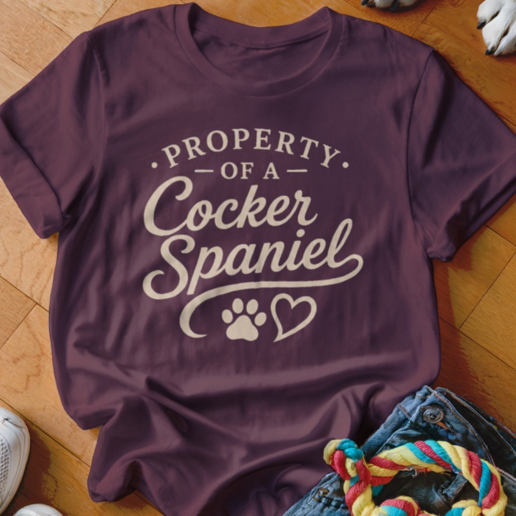 Maroon t-shirt with "Property of a Cocker Spaniel" text and paw print heart graphic.