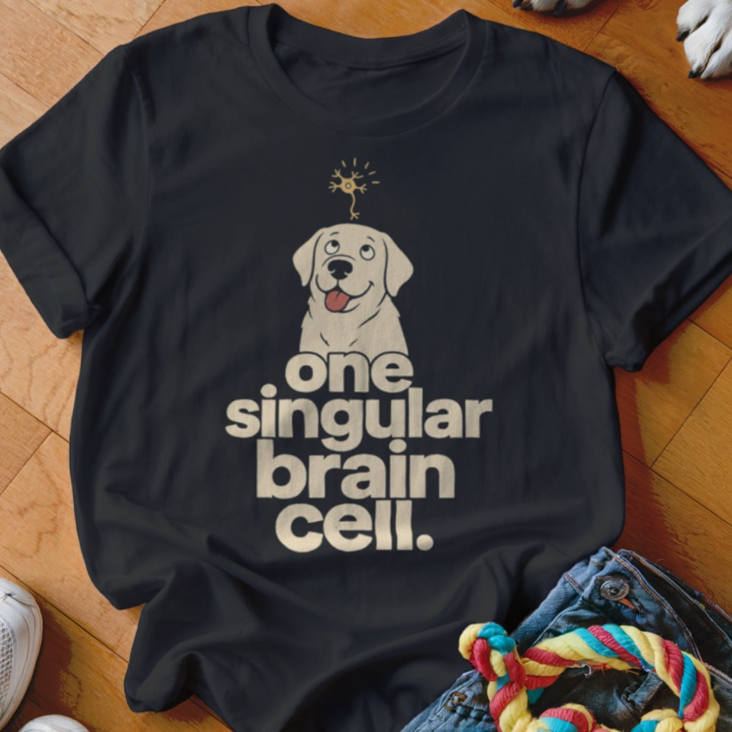 Black t-shirt with white text: "one singular brain cell" and a cartoon dog with a neuron.