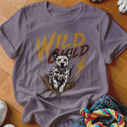 Purple t-shirt featuring a graphic of a running Dalmatian and the text Wild Child.