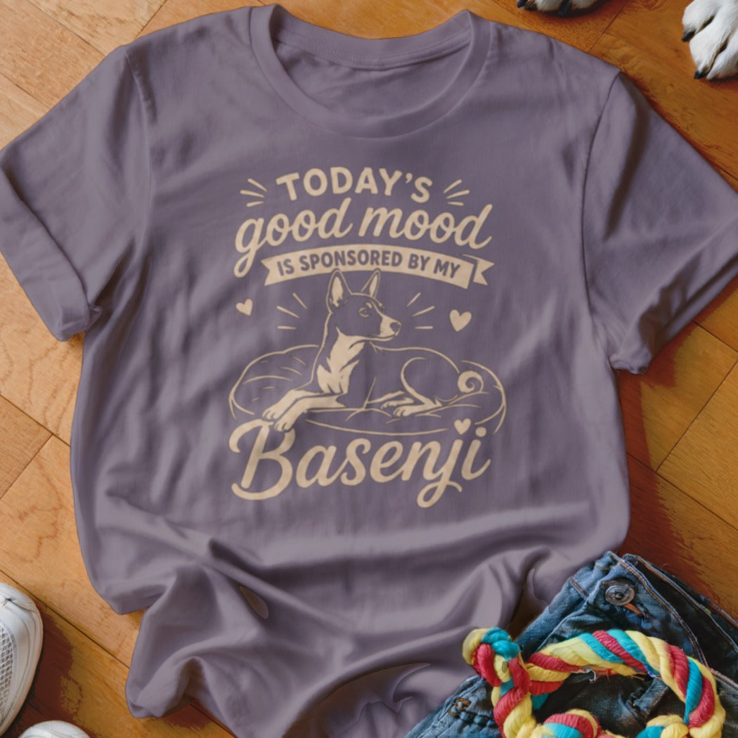 Purple t-shirt with "Today's good mood is sponsored by my Basenji" text and dog graphic.