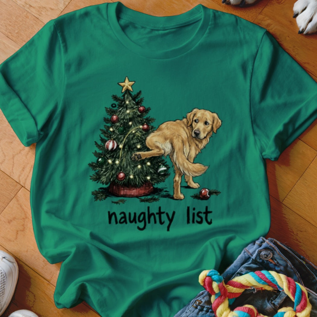 Golden retriever dog near Christmas tree with text "naughty list".