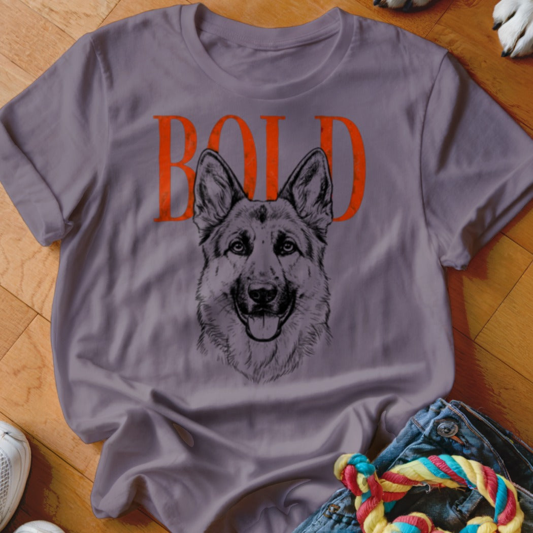 Grey t-shirt with "BOLD" in orange and a sketch of a German Shepherd face.