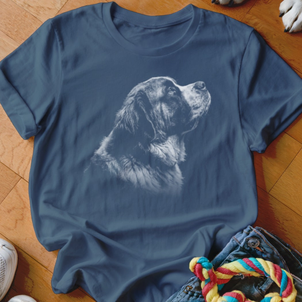 Dark blue t-shirt with a white outline portrait of a Bernese Mountain Dog looking up.