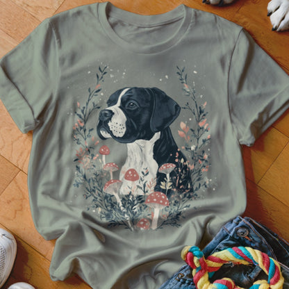 T-shirt with a boxer dog illustration surrounded by mushrooms and foliage.