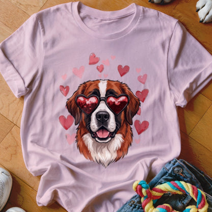 A light pink t-shirt featuring a St. Bernard wearing heart-shaped sunglasses surrounded by pink hearts.