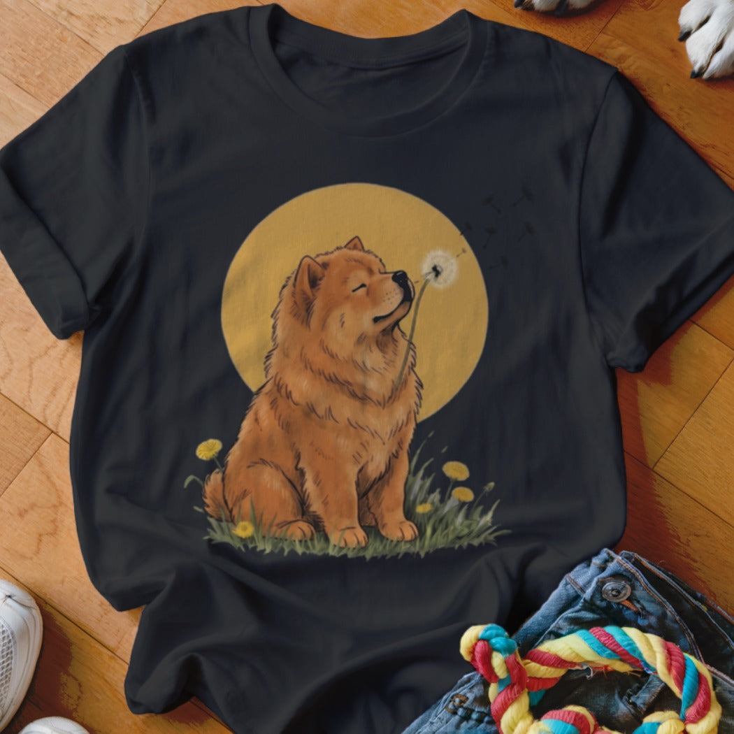 A black t-shirt features a graphic of a fluffy brown dog blowing dandelion seeds.
