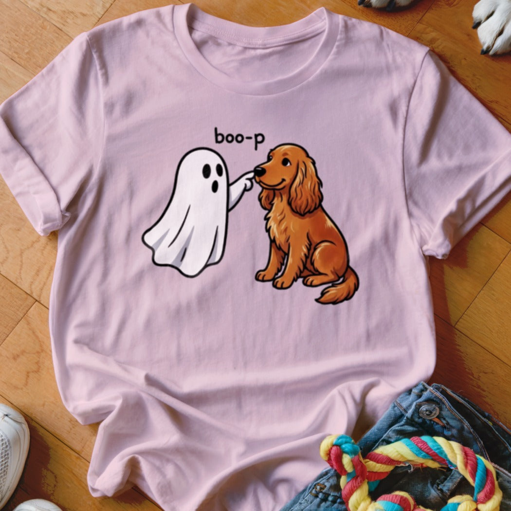 Ghost playfully booping a golden retriever's nose with text "boo-p".