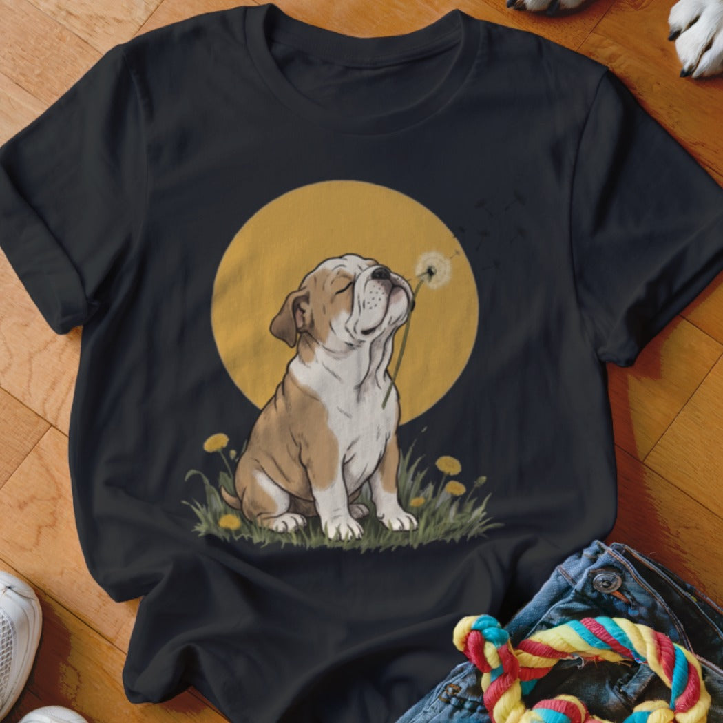 A black t-shirt featuring a graphic of a bulldog blowing a dandelion seed against a yellow sun.