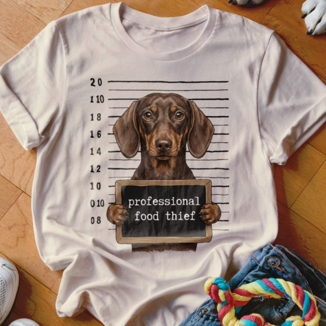 Dachshund mugshot with sign reading "professional food thief".