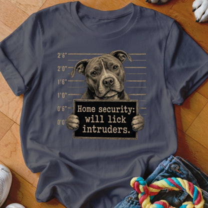 Pit bull mugshot with text "Home security: will lick intruders."