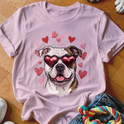 A light pink crewneck t-shirt featuring a graphic of a bulldog wearing heart-shaped sunglasses surrounded by floating red hearts.